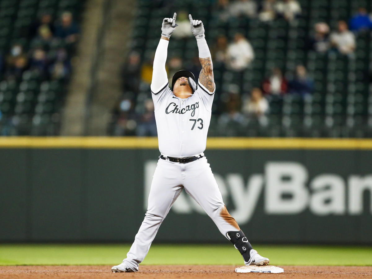 Apr 5, 2021; Seattle, Washington, USA; Chicago White Sox designated hitter Yermín Mercedes (73) reacts after hitting a double against the Seattle Mariners during the fifth inning at T-Mobile Park.